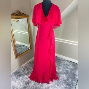 Vintage 70s Fuschia Pink Floor Length Chiffon Hostess Party Prom Dress